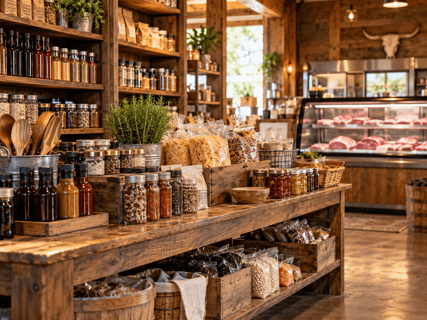 Illustration of goods displayed inside a butcher shop