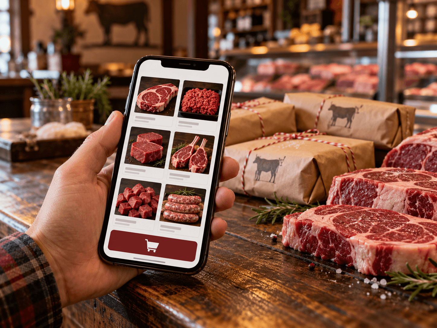 Illustration of shopping for meat on a phone
