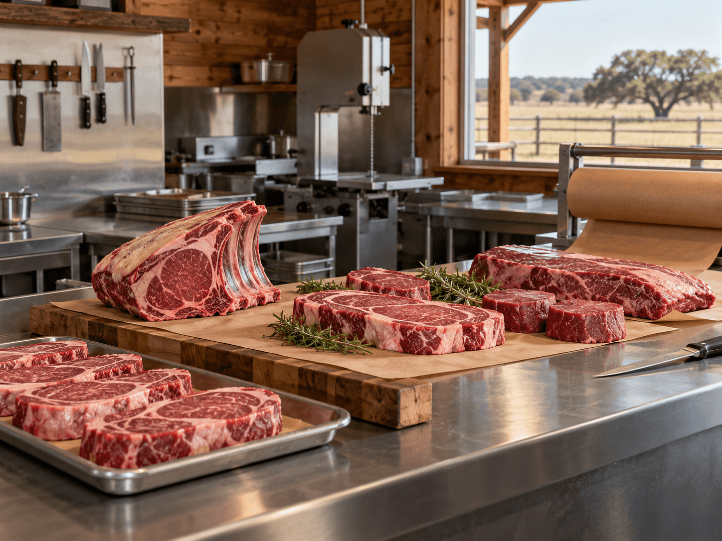 Illustration of a butcher processing counter with cuts of beef