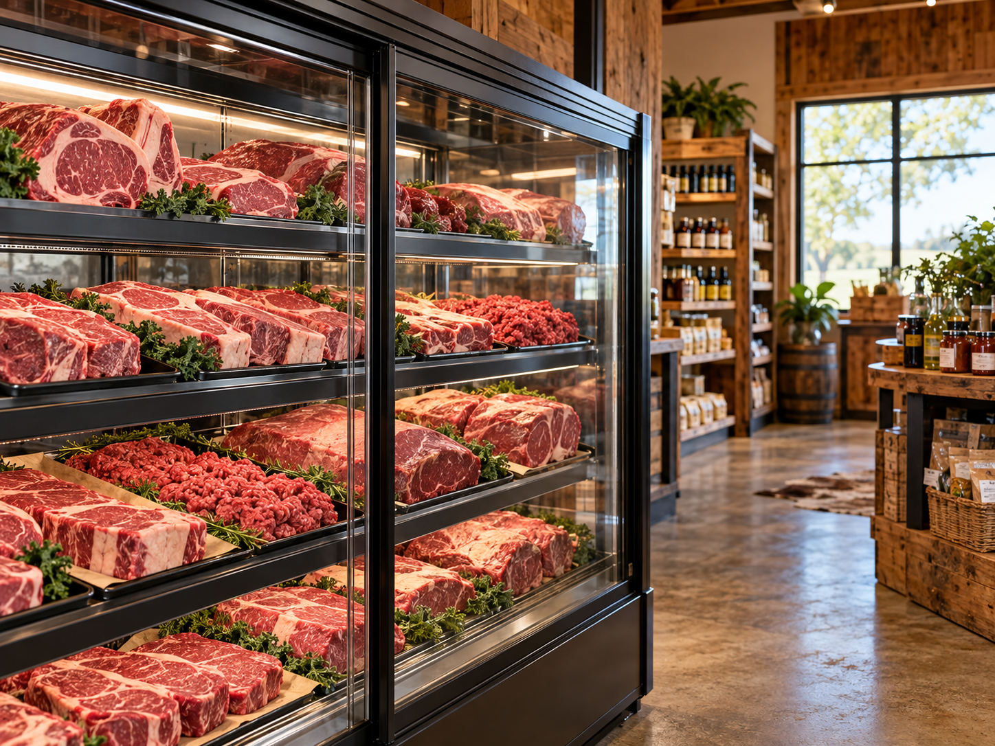 Illustration of a refrigerated meat cooler in a butcher shop